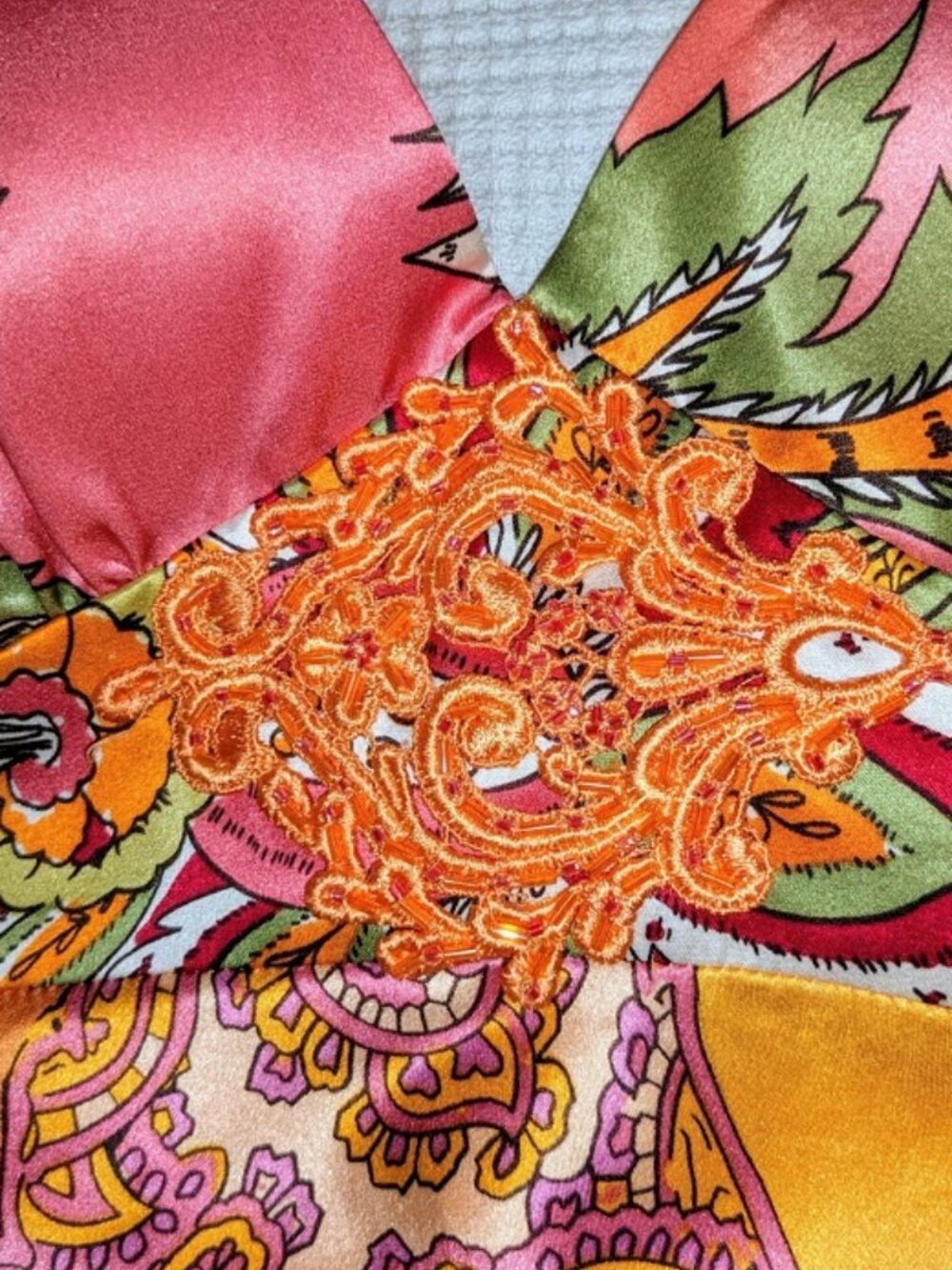 Cache Vintage Silk Halter Top Pink Orange floral beaded medallion Tropical glam - Picture 4 of 8